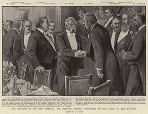 O banquete para Sir John Tenniel, o Sr. Balfour oferecendo boa-noite ao convidado da noite